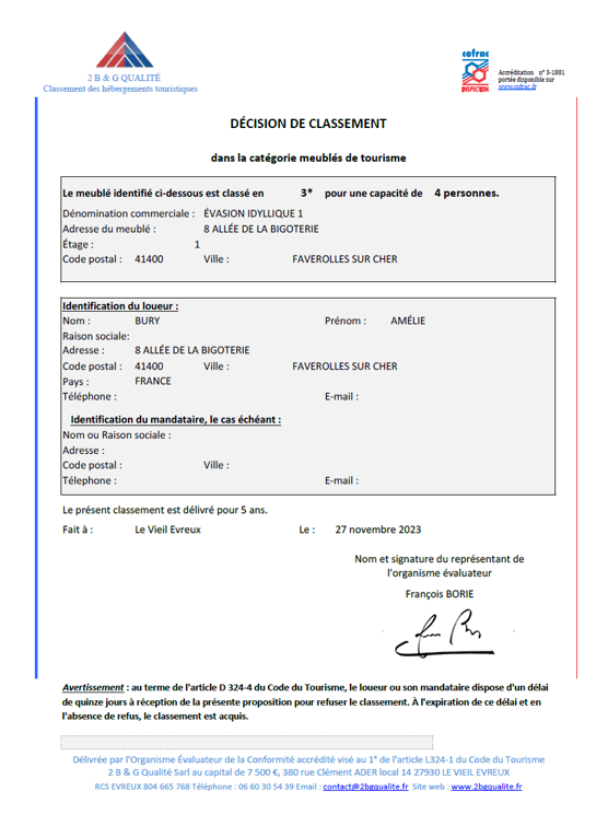 Gite A l'étage - Certification 3 étoiles