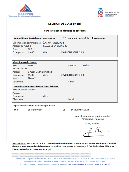 Gite RDC - Certification 3 étoiles